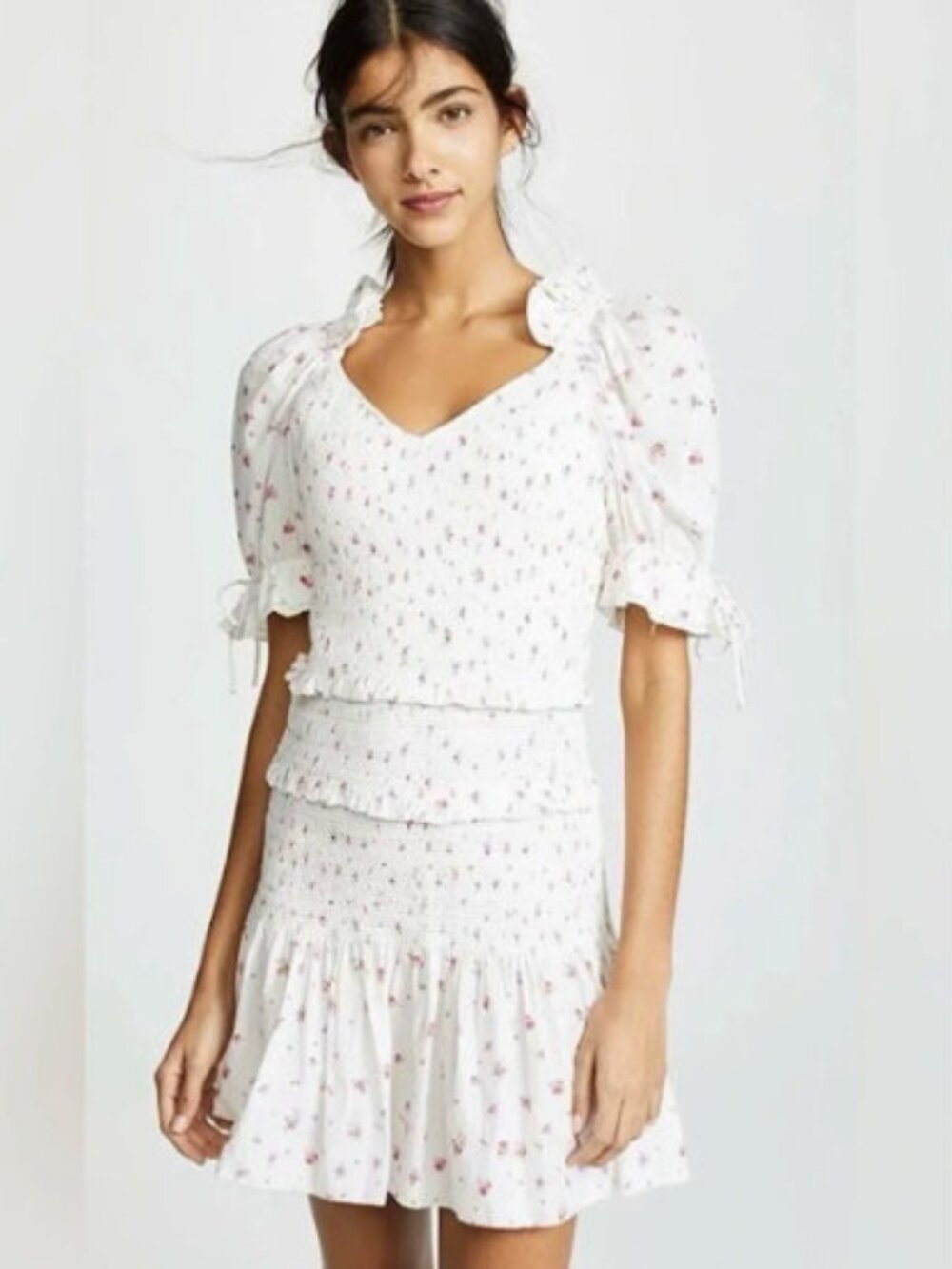 LoveShackFancy Tina Floral Smocked Mini Dress Whisper White Pink Size XS